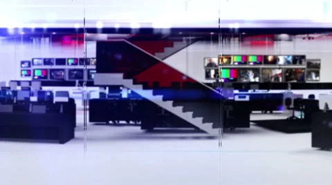 Broadcast Design - HD News Virtual Studio with Control Room - Closeup View Stock Footage 40797670