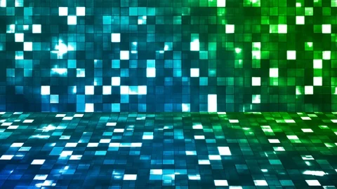 Broadcast Firey Light Hi-Tech Squares Stage, Blue Green, Abstract, Loopable, 4K Stock Footage 74123318