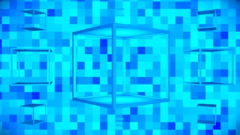 Broadcast Floating Spinning Hi-Tech Hollow Cubes, Blue, Technology, 3D, Loop, 4K Stock Footage 205452529