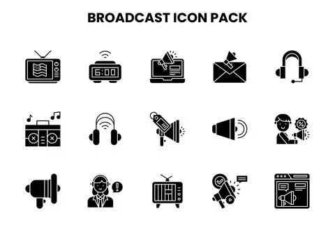 Broadcast Glyph Bundle Icons Pack Stock Illustration