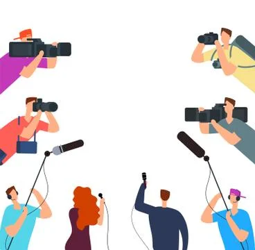 Broadcast interview. Tv journalists with camera and microphones online. News on Stock Illustration