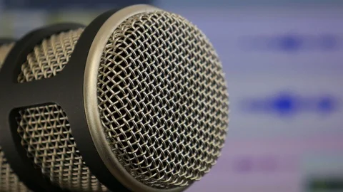Broadcast Microphone Extreme Close Up with DAW in Background Video stock 96807211