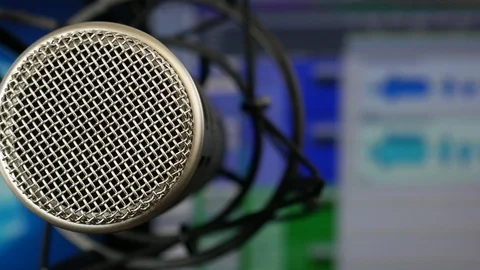 Broadcast Microphone Extreme Close Front with DAW in Background Stock Footage 96793100