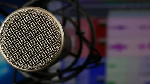 Broadcast Microphone Very Close in Studio with DAW in Background Video stock 96820428