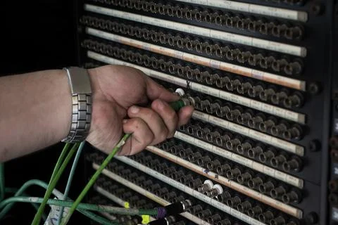 Broadcast Patch Panel Connecting Cameras Inside Live Production Vehicle Foto stock
