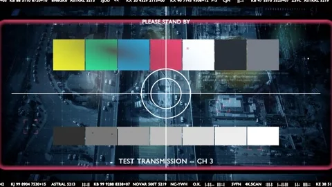 Broadcast test starting, test-pattern overlay pulsing, rotating and flickering Stock Footage 340654699