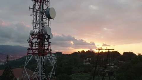 Broadcast tower built on large hill near Bilbao at sunset Stock Footage 208213298