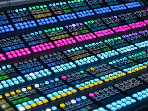 Broadcast Video Mixer Control Panel with Colorful Buttons Stock Photos