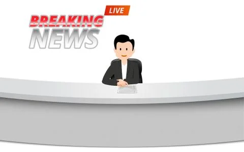 Broadcaster at the white table in the the news studio room Stock Illustration