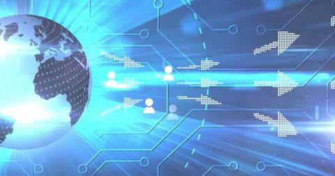 Broadcasting binary code and user icons from stylized globe on left over circuit Stock Photos