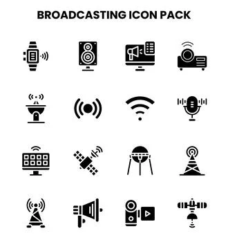 Broadcasting Glyph Vector Icons Pack 스톡 일러스트