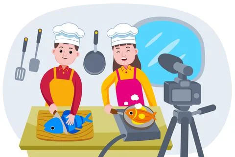 Broadcasting live event with Chefs cooking Stock Illustration