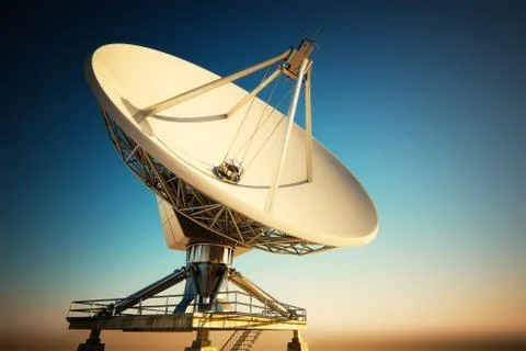 Broadcasting, receiving space telescopes satellite dishes. Extraterrestrial UFO Illustration