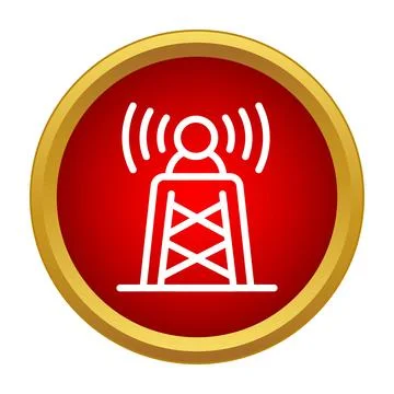 Broadcasting signal tower transmitting waves in red circle Stock Illustration