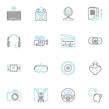 Broadcasting technology linear icons set. Transmitter, Receiver, Antenna Illustration