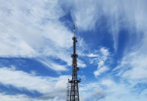 Broadcasting Tower and Clouds in Blue Sky, Busan, South Korea. Stock Photos