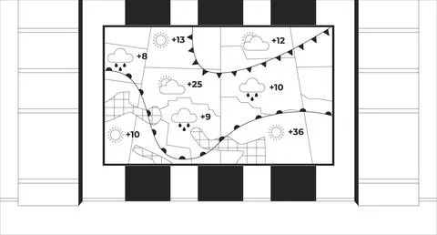 Broadcasting weather forecast map studio black and white line illustration Illustrazione stock
