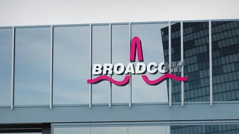 Broadcom Stock data presented on the logo of the office facade editorial Stock Photos