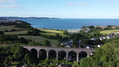 Broadsands, Devon, England: DRONE AERIAL VIEWS: Viaduct, Broadsands, Torbay Stock Footage 201675977