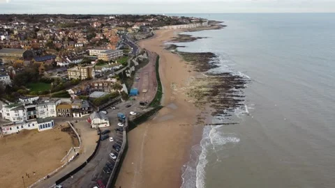 Broadstairs, Viking Bay drone footage panning up over beach Stock Footage