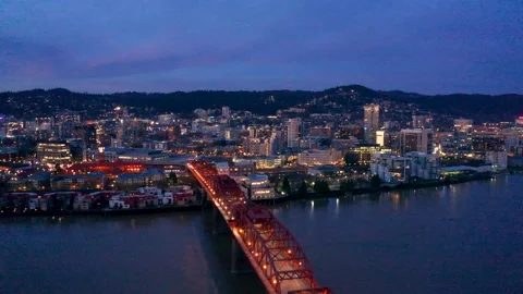 Broadway Bridge Spanning the Willamette River at Night Stock Footage 146679467