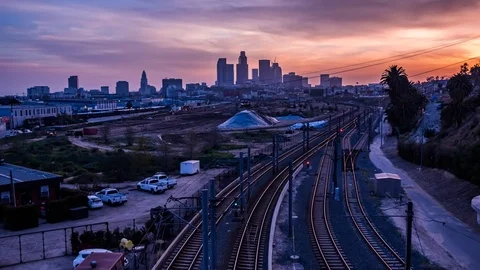 Broadway Bridge Train Sunset 7 seconds 4KUHD  Stock Footage 78419469