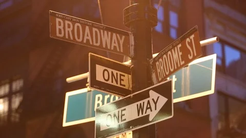 Broadway signpost in the evening Stock Footage 124650007