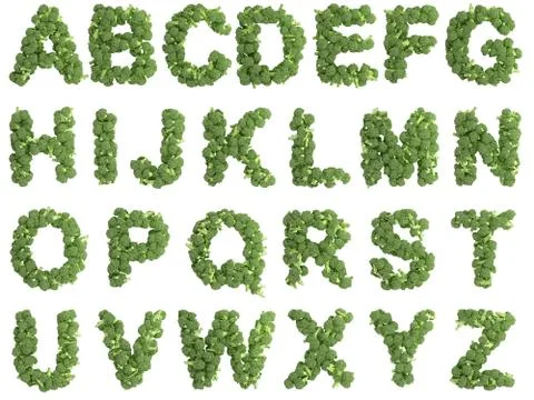 Broccoli alphabet on white background Stock Illustration
