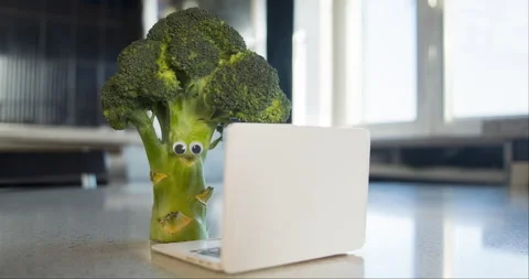 Broccoli animated character with eyes using laptop, notebook. Vegatable online Stock Footage 233018103