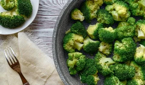 Broccoli boiled cabbage close-up, top view, healthy eating Stock Photos