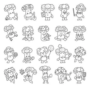 Broccoli character set in outline line Stock Illustration