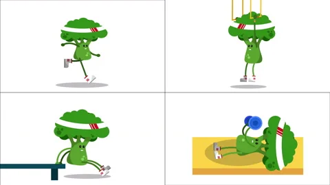 Broccoli character working out. Cute Broccoli in gym doing exercises with alpha Stock Footage 114786383