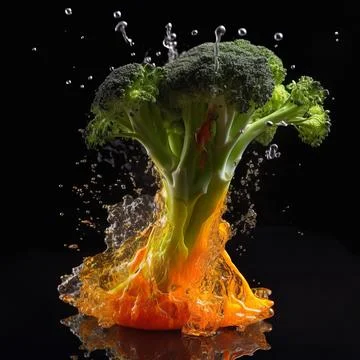 Broccoli in the clash of water and fire on black background. Stock Illustration