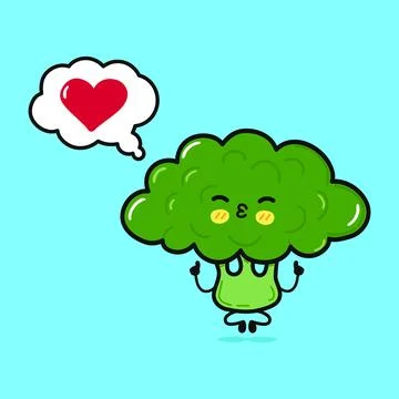 Broccoli doing yoga with speech bubble. Vector hand drawn cartoon kawaii char Stock Illustration