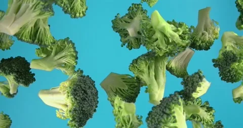 Broccoli falling in slow motion 1000 fps on blue background Stock Footage 347649315