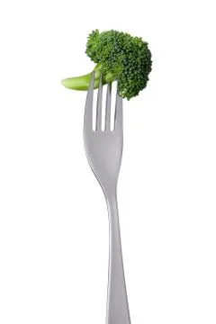 Broccoli floret on fork isolated Stock Photos