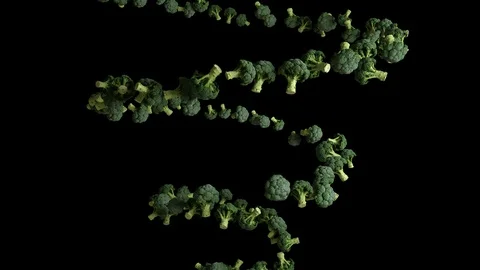 Broccoli flying in helix shape, seamless loop, Alpha Channel Stock Footage 129938814