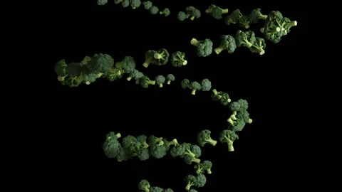 Broccoli flying in helix shape, seamless loop, Luma Matte Stock Footage 144467260