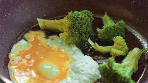 Broccoli with fried eggs in a frying pan Stock Footage 318713593