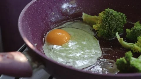 Broccoli with fried eggs in a frying pan Stock Footage 318713603