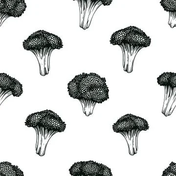 Broccoli hand drawn vector seamless pattern. Vegetable engraved style Stock Illustration