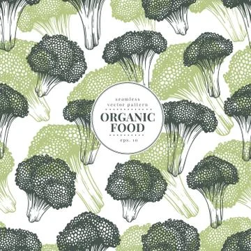 Broccoli hand drawn vector seamless pattern. Vegetable engraved style Stock Illustration