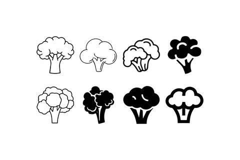 Broccoli icon set in various styles and silhouettes. Vector illustration de.. Stock Illustration