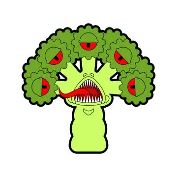 Broccoli monster GMO mutant. Angry Vegetable with teeth. Hungry Alien Food ve Illustrazione stock