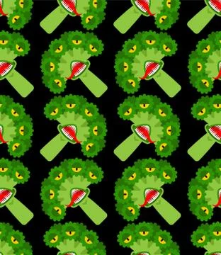 Broccoli monster GMO mutant pattern seamless. Angry Vegetable with teeth back Illustrazione stock