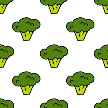 Broccoli seamless doodle pattern, vector color illustration Stock Illustration
