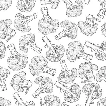Broccoli seamless pattern line art Stock Illustration