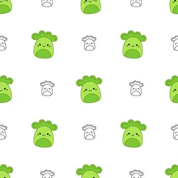 Broccoli on seamless pattern. Squishmallow. Broccoli. Kawaii, Vector Stock Illustration