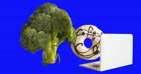 Broccoli showing the donut information about the harm of sugar at lapto Video stock 235560990