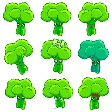 Broccoli twig sticker set on white isolated backdrop. Stock Illustration